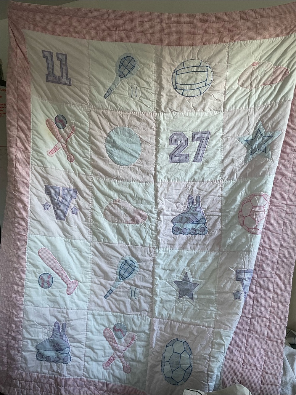 PEM America Pink-White-Multi "Sports" Quilt Comforter 76” x 86” EUC